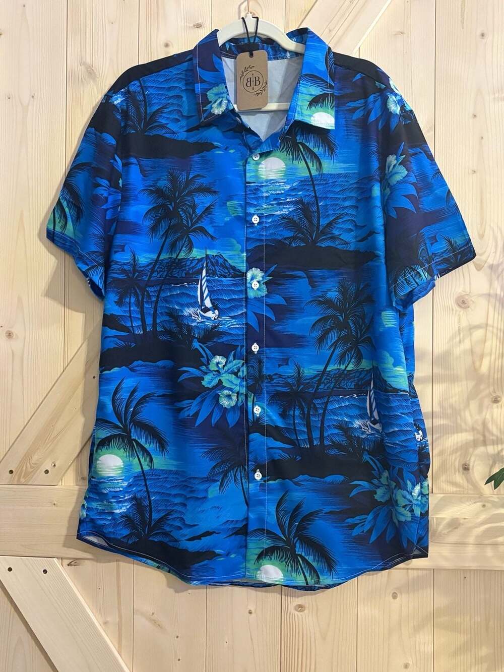 S M XL Blue Tropical Hawaiian Short Sleeve Button-Down Shirt with Palm Trees